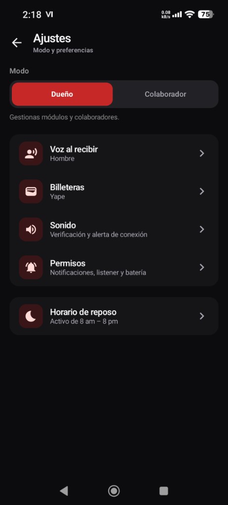 Ajustes de voz, billeteras y horario