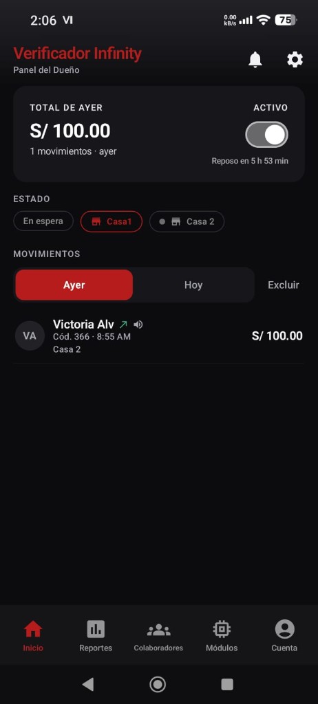 Inicio de la app: el panel del dueño registra el pago